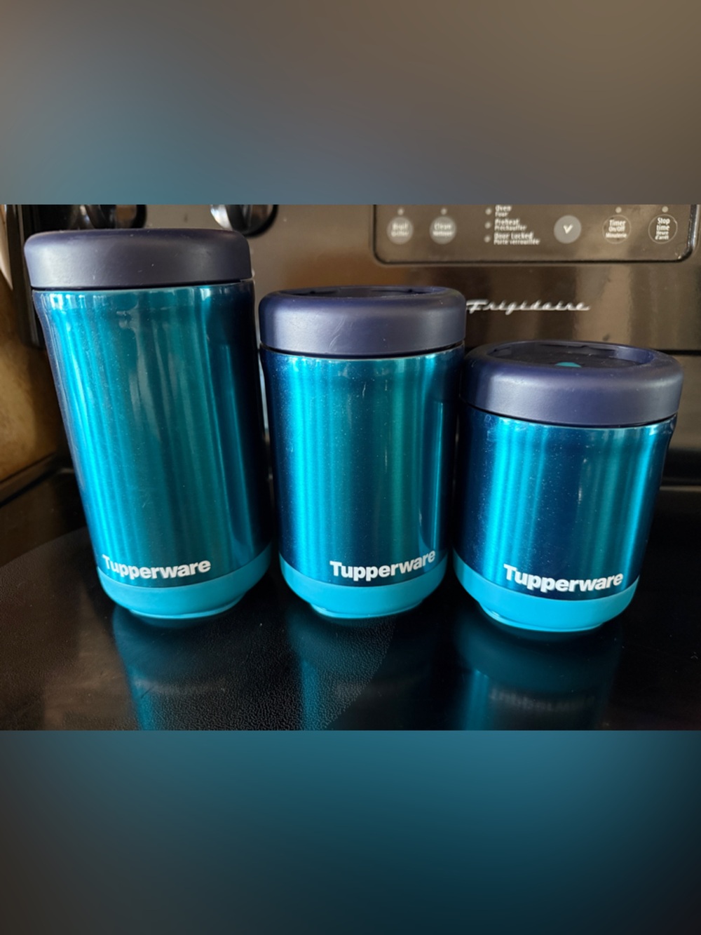 Tupperware Metallic Teal Travel Tumblers with Navy Lids - Set of 3